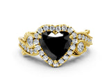 Yellow gold Fancy Black Heart Cut Halo Diamond Ring with Milgrain and Bezel Accents on a Split Shank Band_12