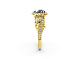 Yellow gold Fancy Black Heart Cut Halo Diamond Ring with Milgrain and Bezel Accents on a Split Shank Band_14