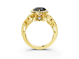 Yellow gold Fancy Black Heart Cut Halo Diamond Ring with Milgrain and Bezel Accents on a Split Shank Band_15