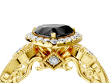 Yellow gold Fancy Black Heart Cut Halo Diamond Ring with Milgrain and Bezel Accents on a Split Shank Band_16