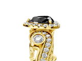 Yellow gold Fancy Black Heart Cut Halo Diamond Ring with Milgrain and Bezel Accents on a Split Shank Band_17