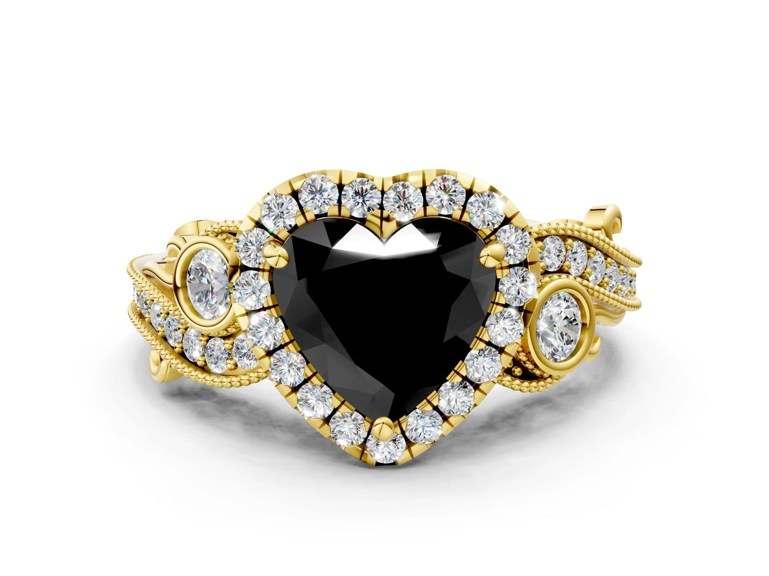Yellow gold Fancy Black Heart Cut Halo Diamond Ring with Milgrain and Bezel Accents on a Split Shank Band_24