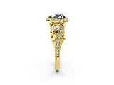 Yellow gold Fancy Black Heart Cut Halo Diamond Ring with Milgrain and Bezel Accents on a Split Shank Band_26