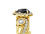 Yellow gold Fancy Black Heart Cut Halo Diamond Ring with Milgrain and Bezel Accents on a Split Shank Band_29