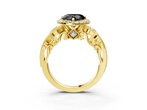 Yellow gold Fancy Black Heart Cut Halo Diamond Ring with Milgrain and Bezel Accents on a Split Shank Band_3