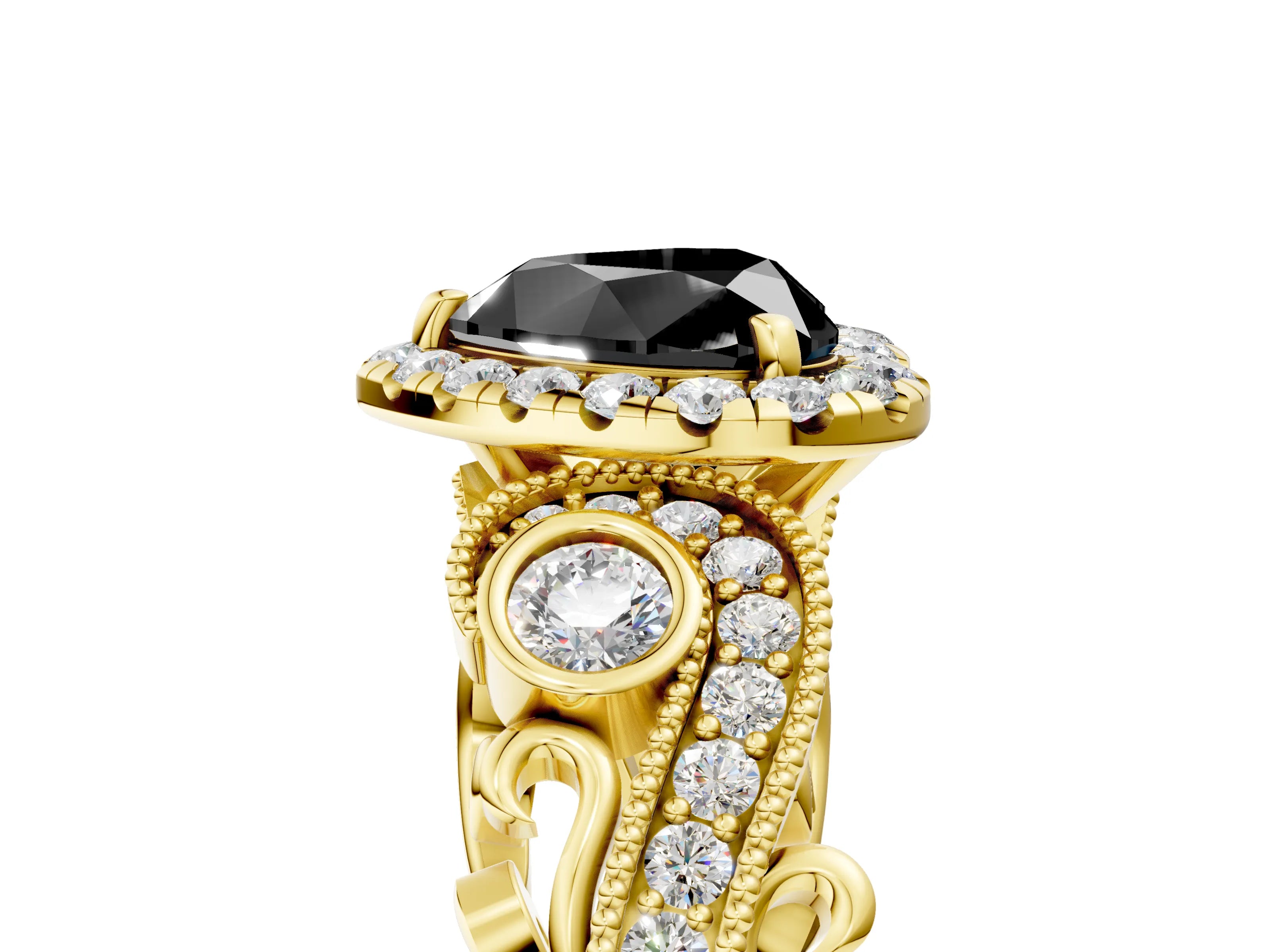 Yellow gold Fancy Black Heart Cut Halo Diamond Ring with Milgrain and Bezel Accents on a Split Shank Band_5