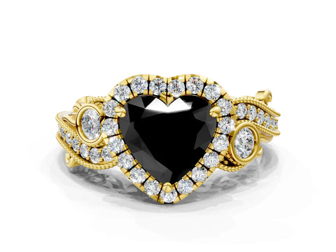 Yellow gold Fancy Black Heart Cut Halo Diamond Ring with Milgrain and Bezel Accents on a Split Shank Band