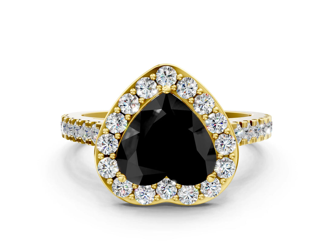 Yellow gold Fancy Black Heart Cut Halo Diamond Ring with Pavé Band and Three-Prong Setting