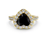 Yellow gold Fancy Black Heart Cut Halo Diamond Ring with Pavé Band and Three-Prong Setting