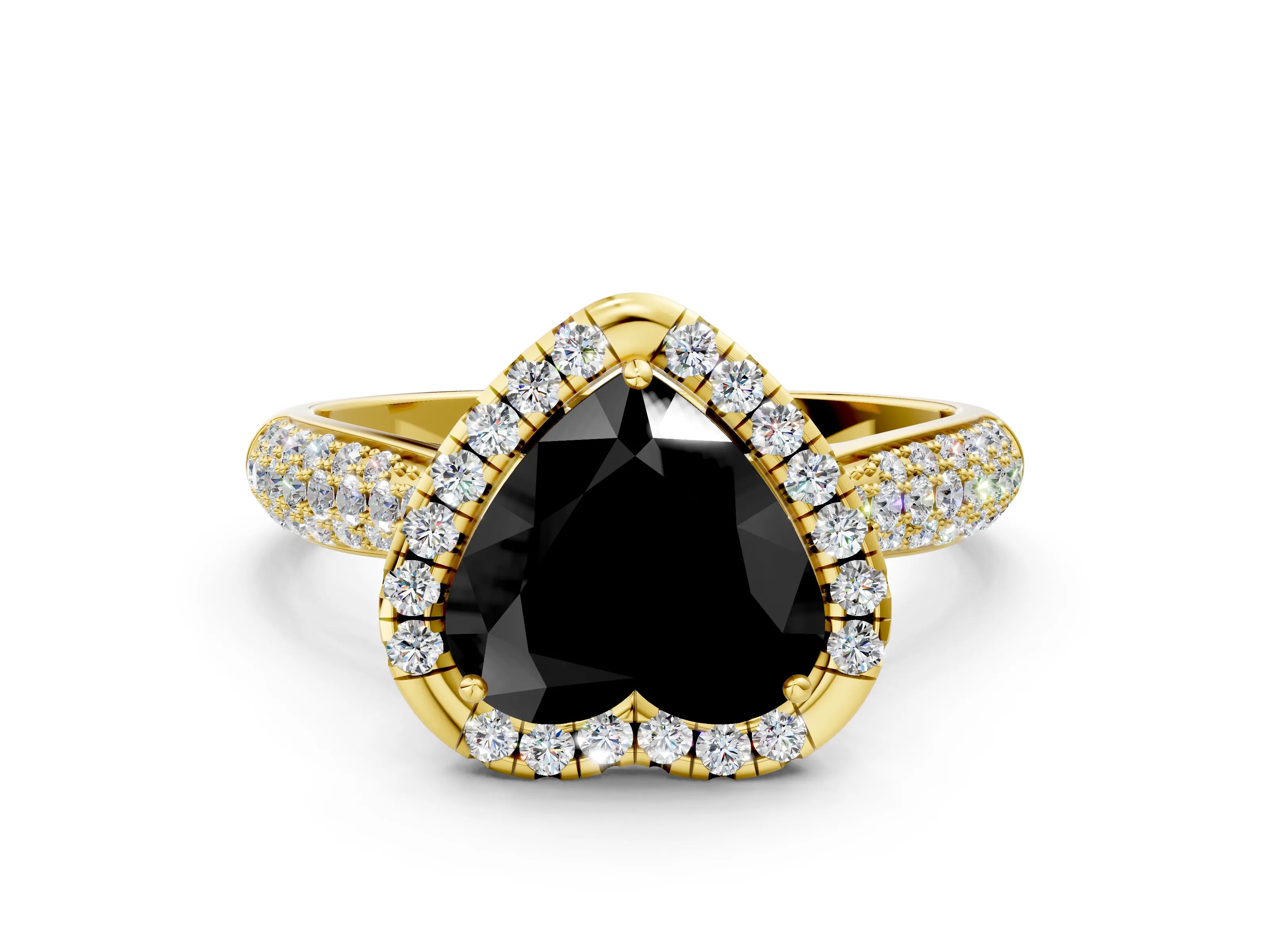 Yellow gold Fancy Black Heart Cut Halo Diamond Ring with Pavé Band