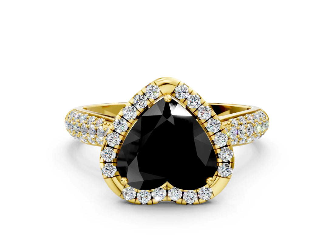 Yellow gold Fancy Black Heart Cut Halo Diamond Ring with Pavé Band
