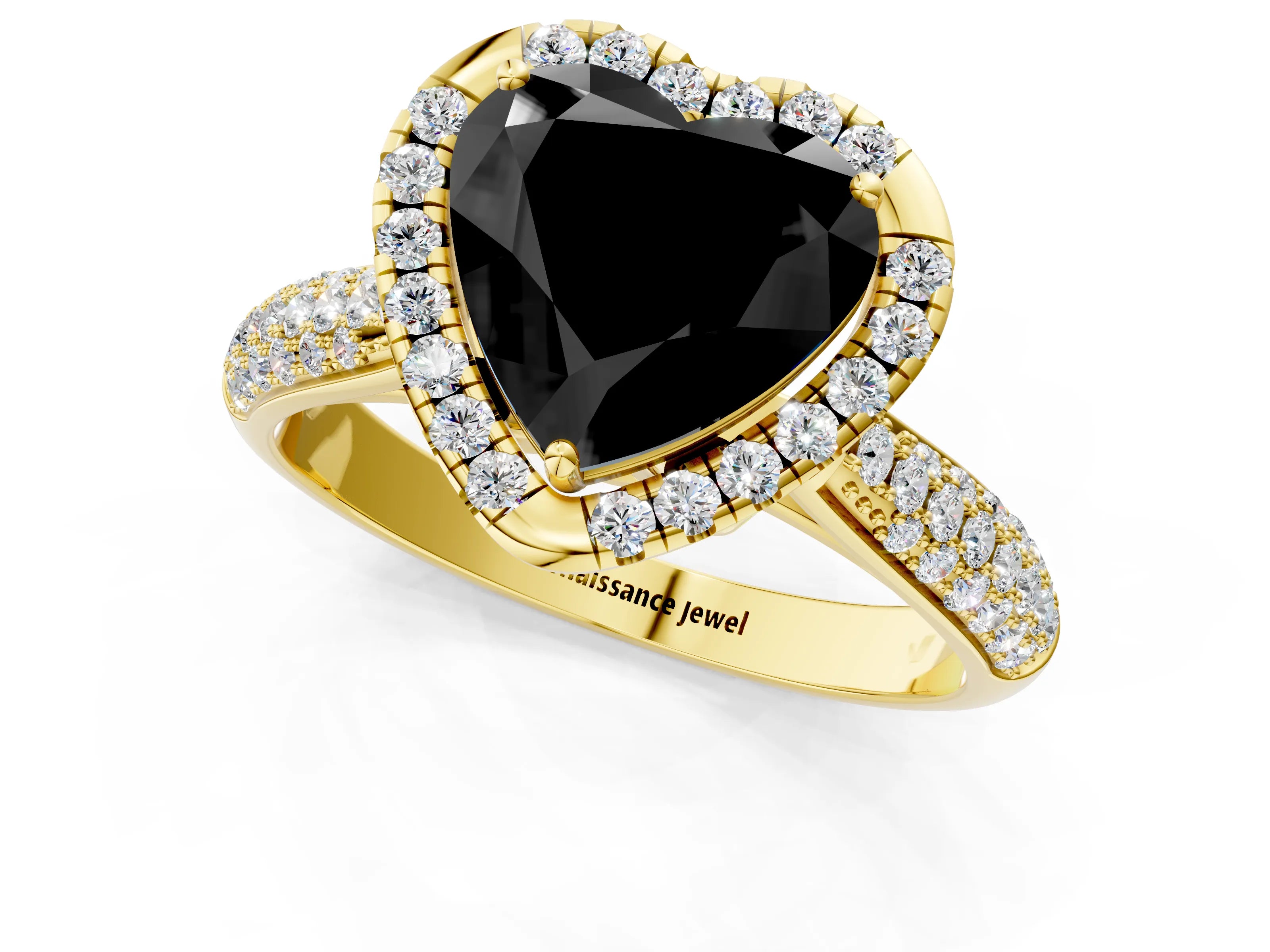 Yellow gold Fancy Black Heart Cut Halo Diamond Ring with Pavé Band_1