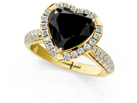 Yellow gold Fancy Black Heart Cut Halo Diamond Ring with Pavé Band_1