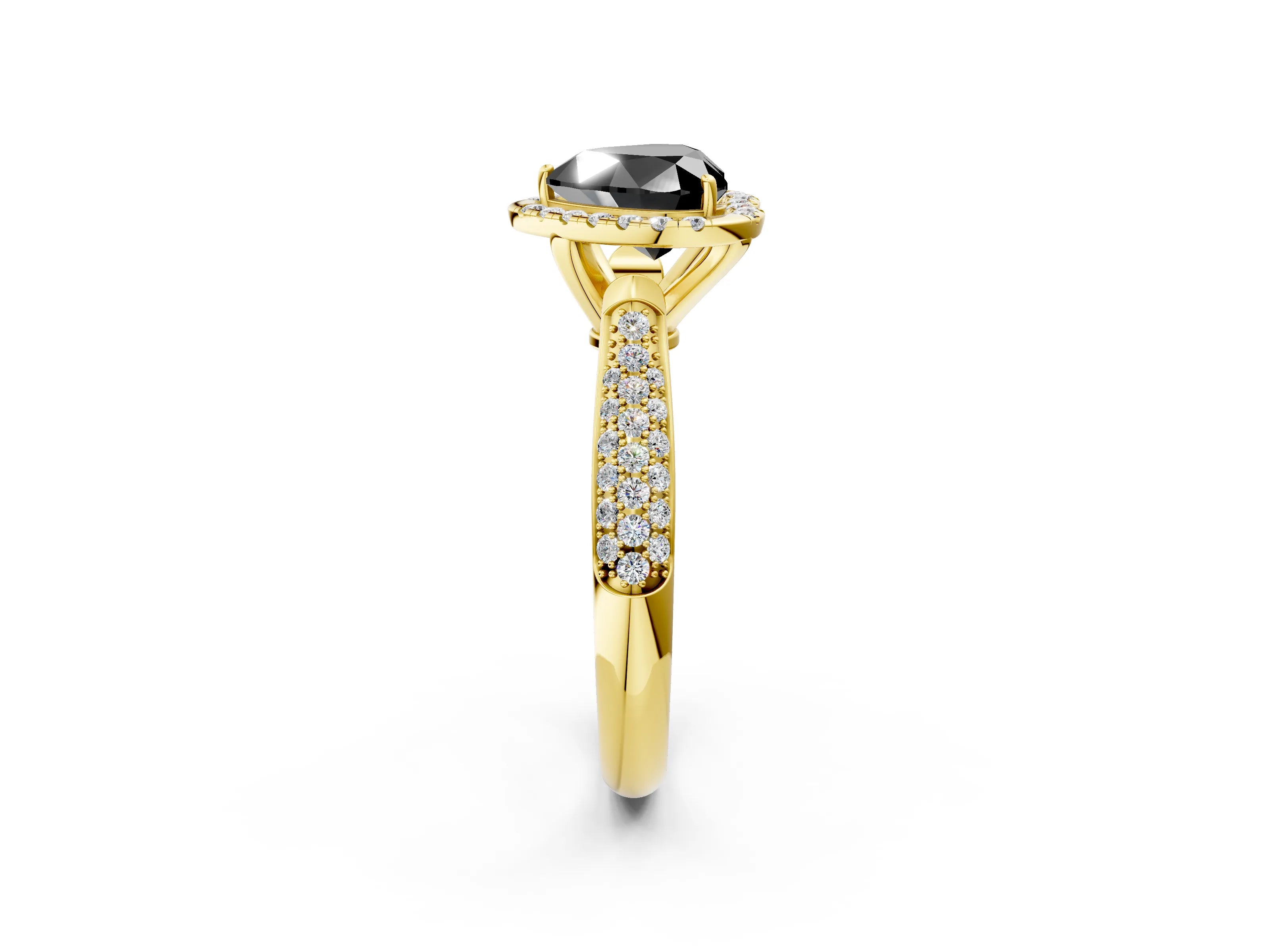 Yellow gold Fancy Black Heart Cut Halo Diamond Ring with Pavé Band_2
