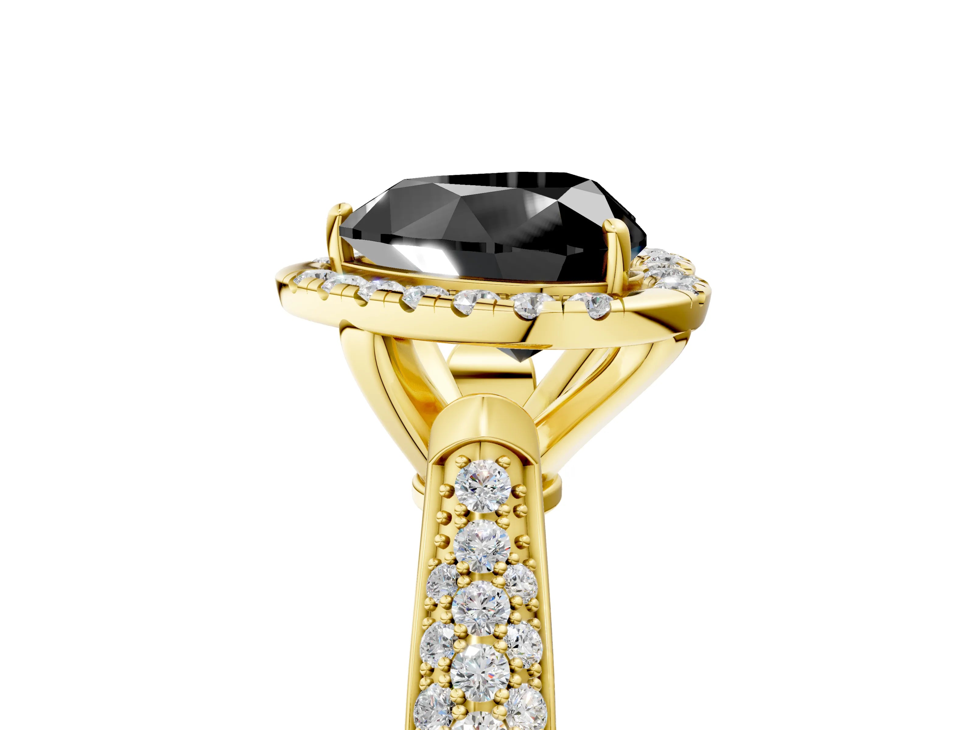Yellow gold Fancy Black Heart Cut Halo Diamond Ring with Pavé Band_5