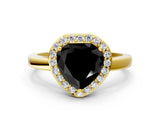 Yellow gold Fancy Black Heart Cut Halo Diamond Ring with Solitaire Band and Prong Setting