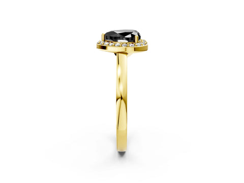 Yellow gold Fancy Black Heart Cut Halo Diamond Ring with Solitaire Band and Prong Setting_2