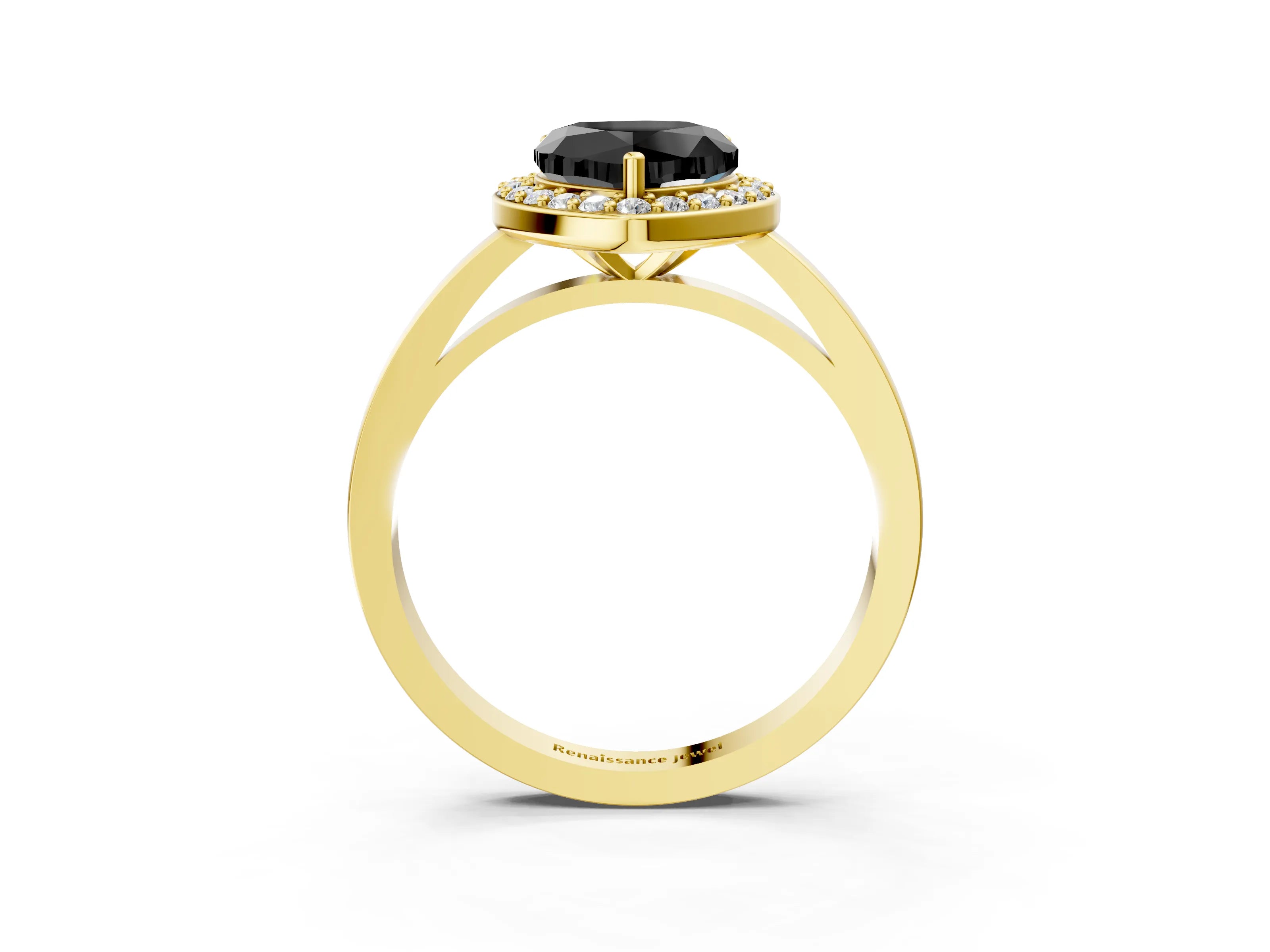 Yellow gold Fancy Black Heart Cut Halo Diamond Ring with Solitaire Band and Prong Setting_3