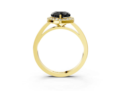 Yellow gold Fancy Black Heart Cut Halo Diamond Ring with Solitaire Band and Prong Setting_3
