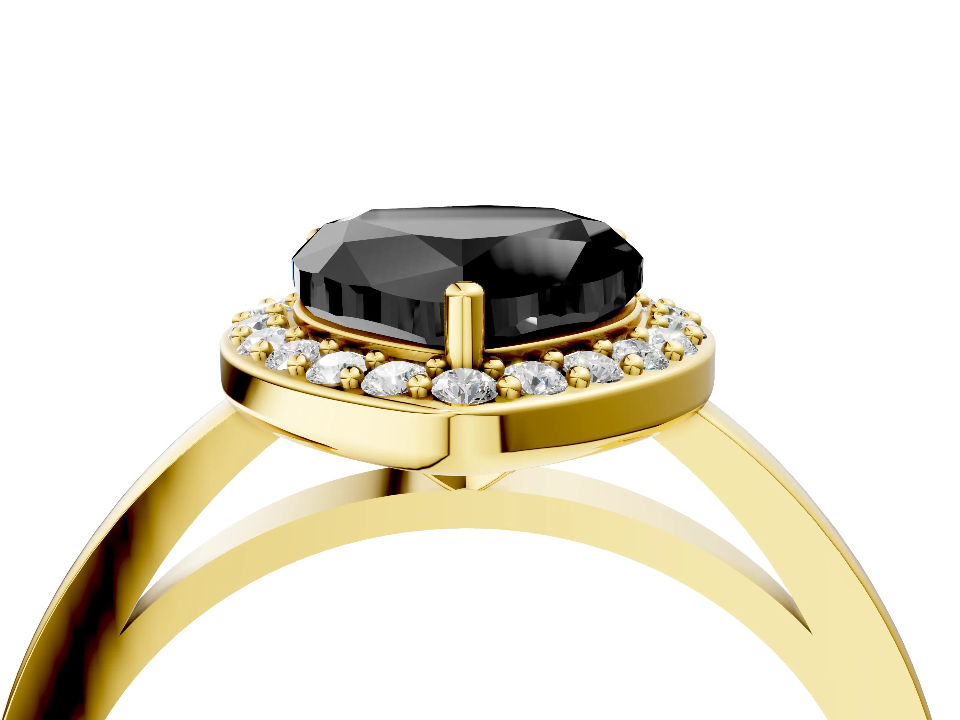 Yellow gold Fancy Black Heart Cut Halo Diamond Ring with Solitaire Band and Prong Setting_4