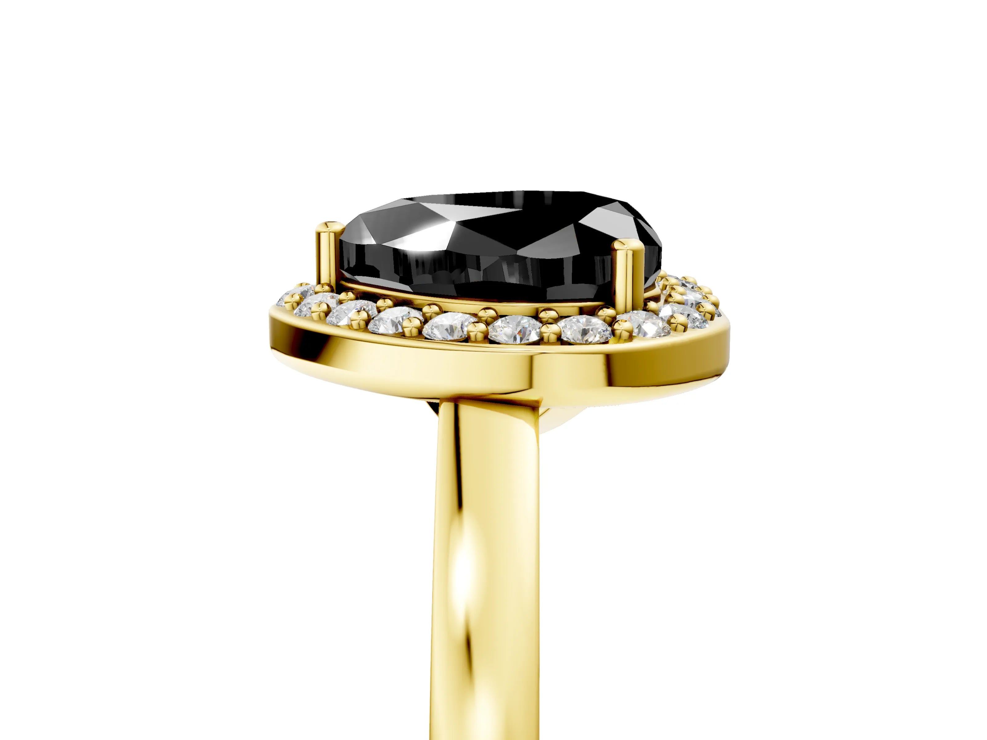 Yellow gold Fancy Black Heart Cut Halo Diamond Ring with Solitaire Band and Prong Setting_5