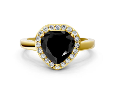 Yellow gold Fancy Black Heart Cut Halo Diamond Ring with Solitaire Band and Prong Setting