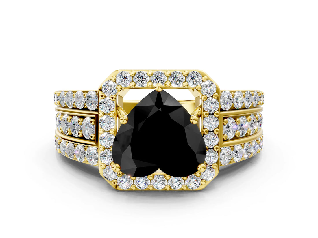 Yellow gold Fancy Black Heart Cut Halo Diamond Ring with Split Shank and Four-Prong Setting