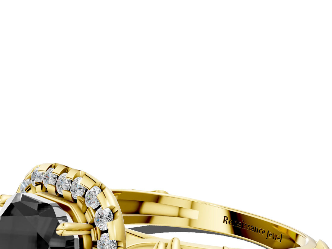 Yellow gold Fancy Black Heart Cut Halo Diamond Solitaire with Filigree Band and Four-Prong Setting