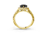 Yellow gold Fancy Black Heart Cut Halo Diamond Solitaire with Filigree Band and Four-Prong Setting_3