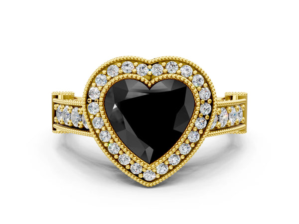 Yellow Gold Heart-Shaped Vintage Bezel Halo Engagement Ring Setting for Black Center