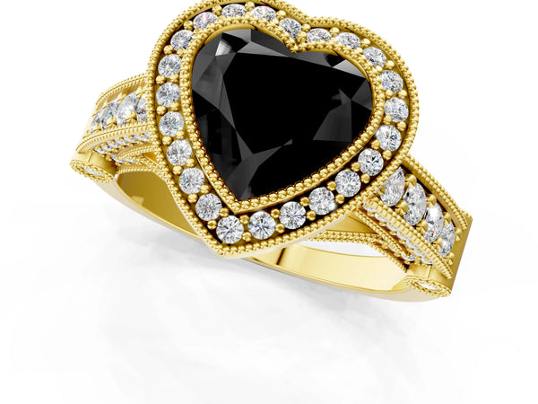 Yellow Gold Heart-Shaped Vintage Bezel Halo Engagement Ring Setting for Black Center