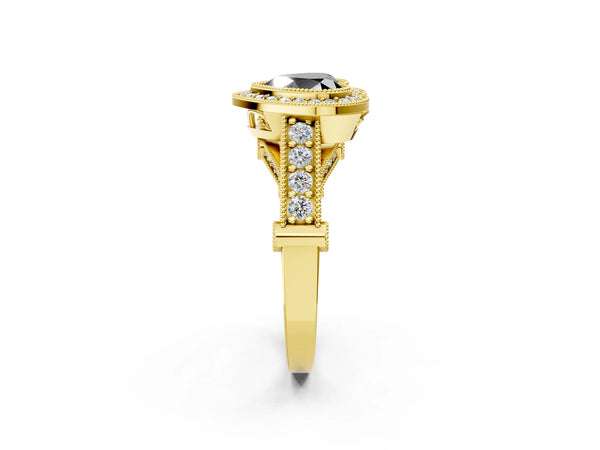 Yellow Gold Heart-Shaped Vintage Bezel Halo Engagement Ring Setting for Black Center
