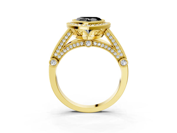 Yellow Gold Heart-Shaped Vintage Bezel Halo Engagement Ring Setting for Black Center