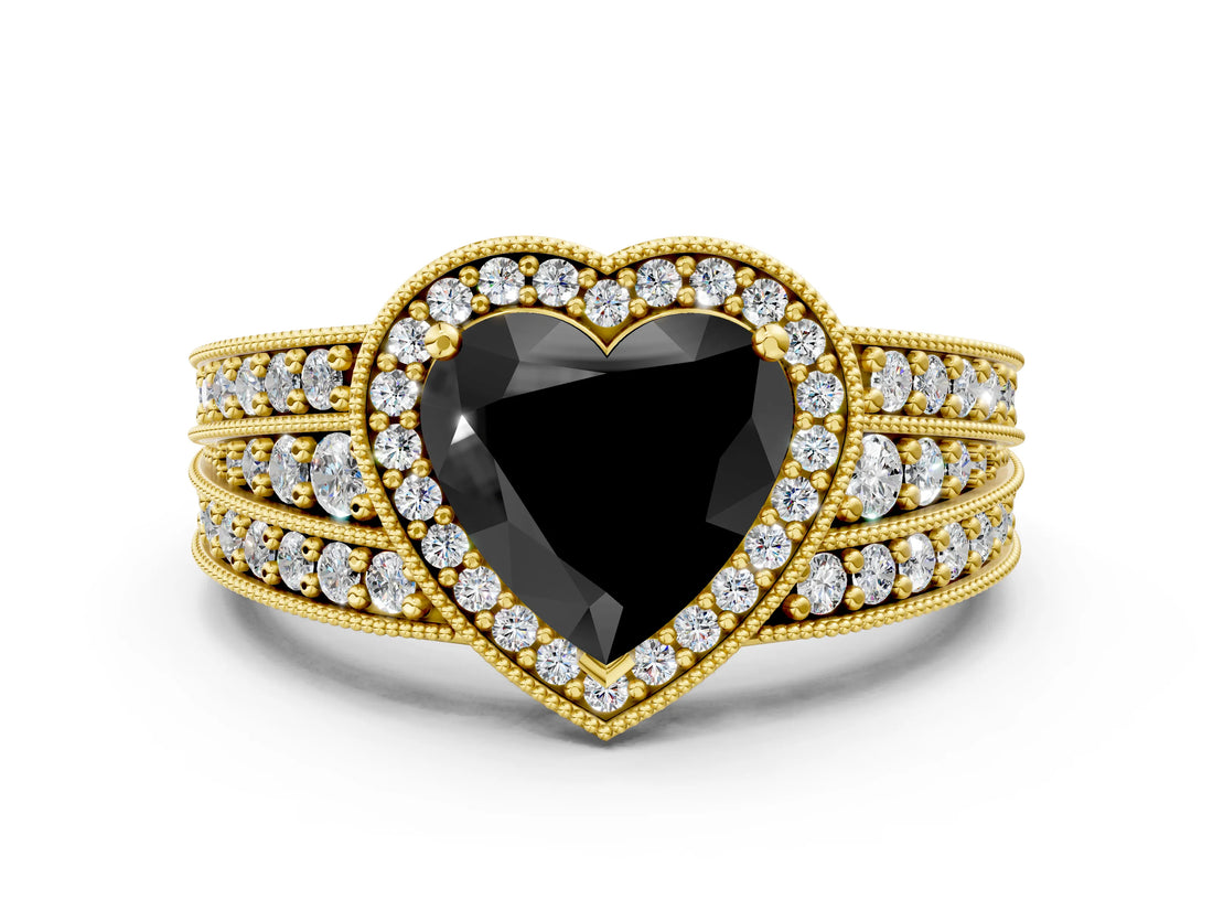 Yellow gold Fancy Black Heart Cut Halo Diamond Split Shank Ring with Prong Setting