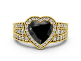 Yellow gold Fancy Black Heart Cut Halo Diamond Split Shank Ring with Prong Setting