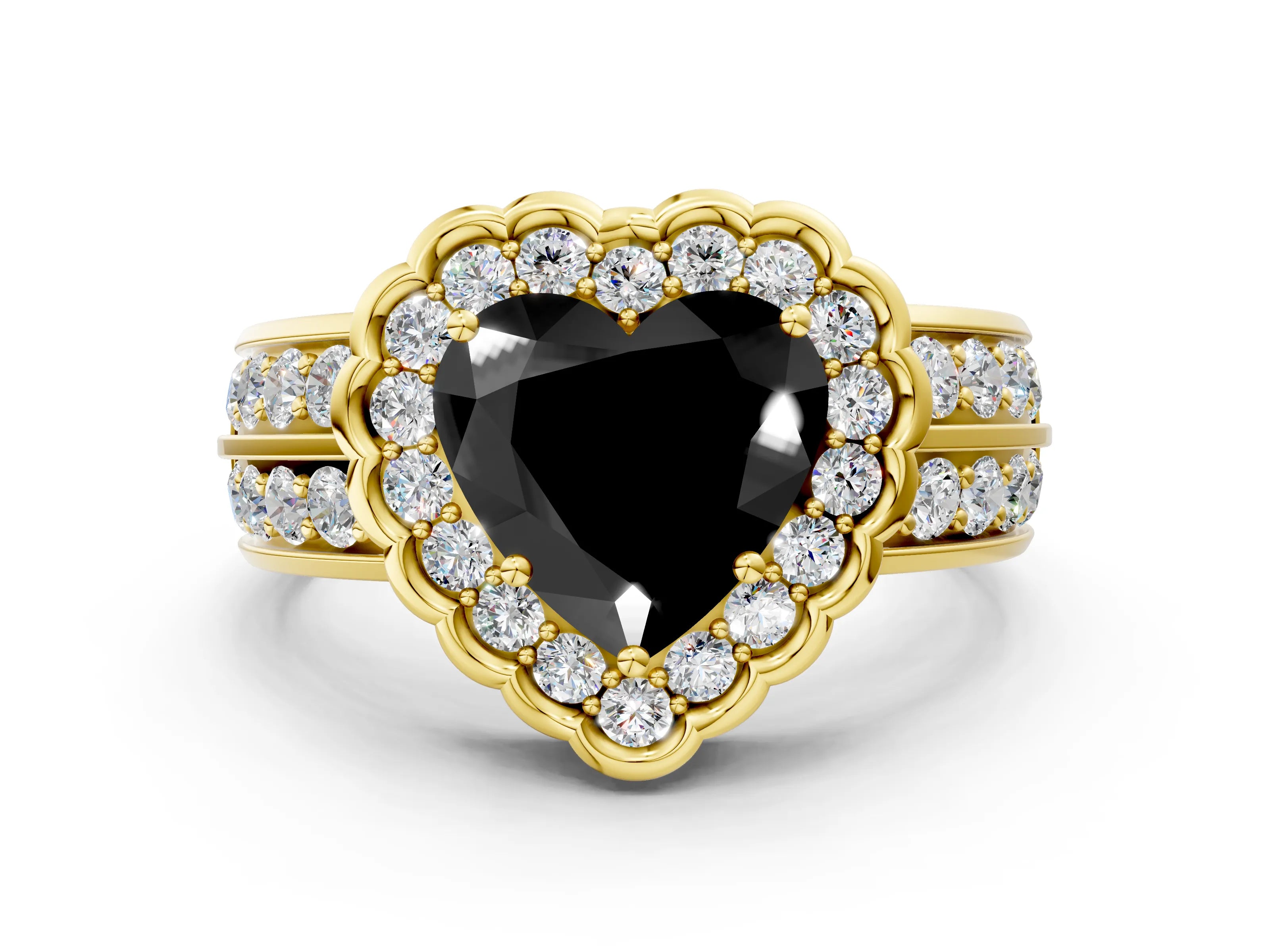 Yellow gold Fancy Black Heart Cut Halo Diamond Split Shank Ring with Scalloped Prong Setting