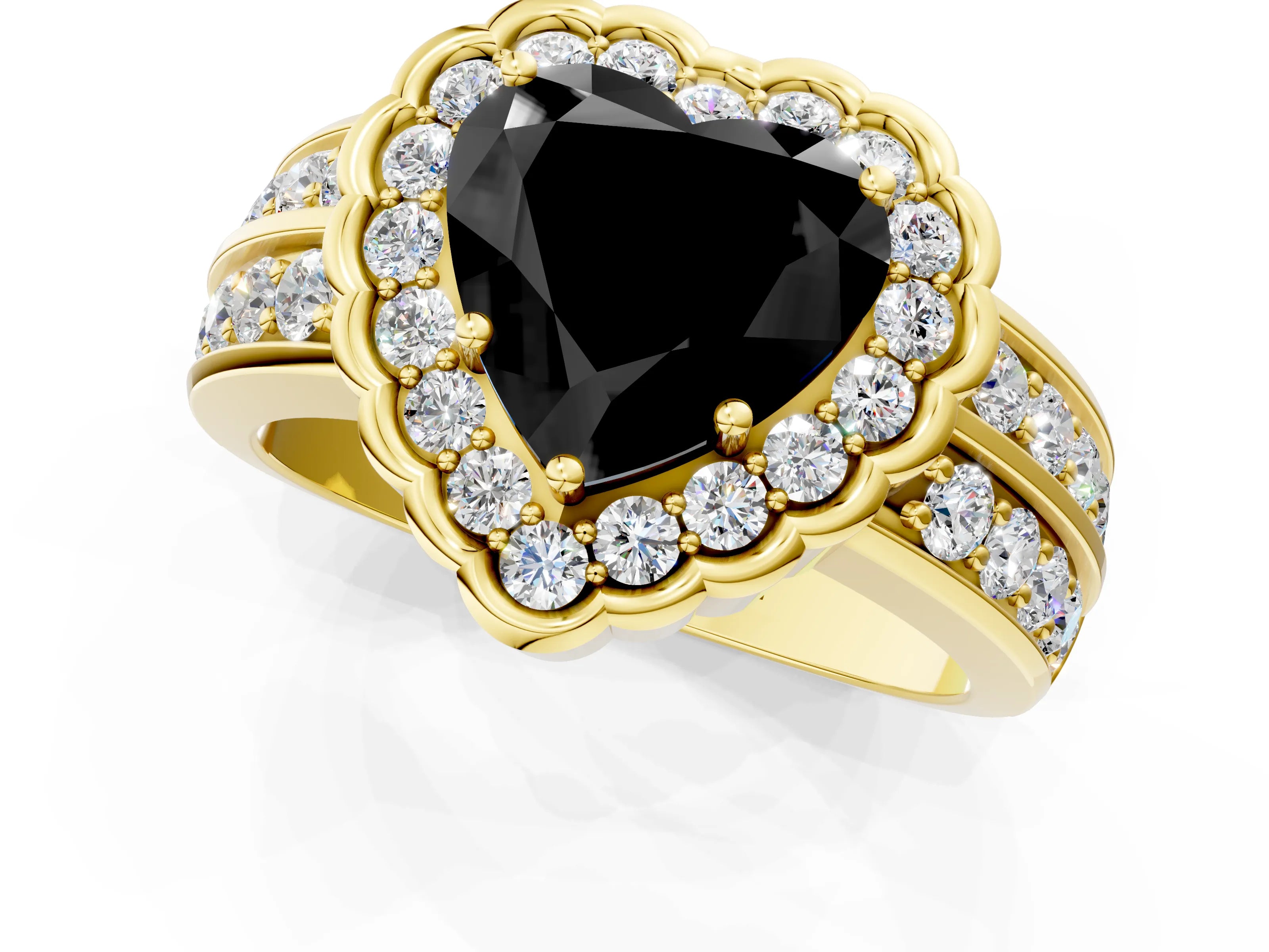 Yellow gold Fancy Black Heart Cut Halo Diamond Split Shank Ring with Scalloped Prong Setting_1