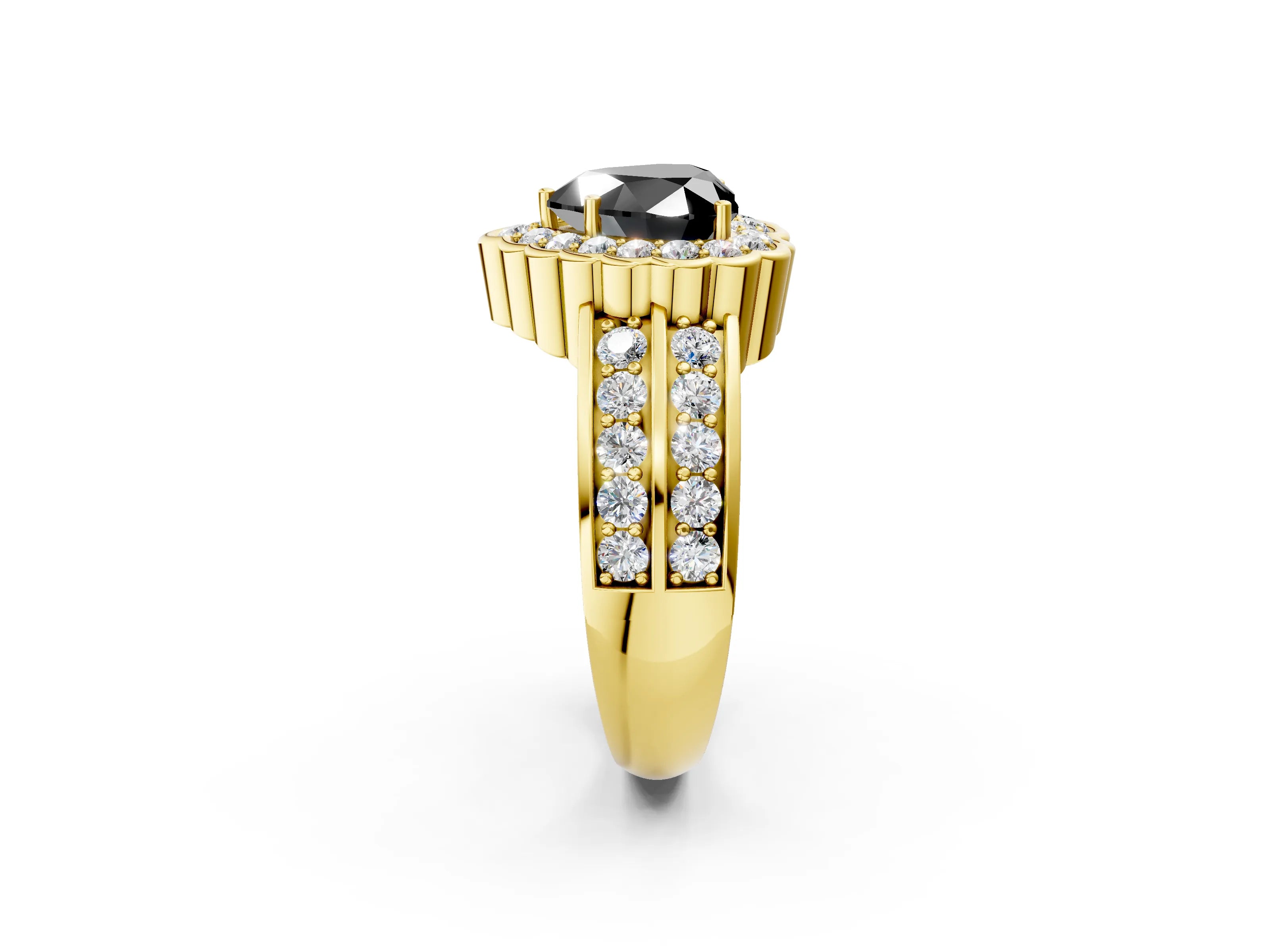 Yellow gold Fancy Black Heart Cut Halo Diamond Split Shank Ring with Scalloped Prong Setting_2