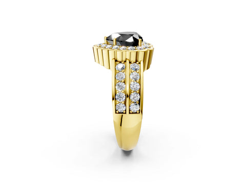 Yellow gold Fancy Black Heart Cut Halo Diamond Split Shank Ring with Scalloped Prong Setting_2