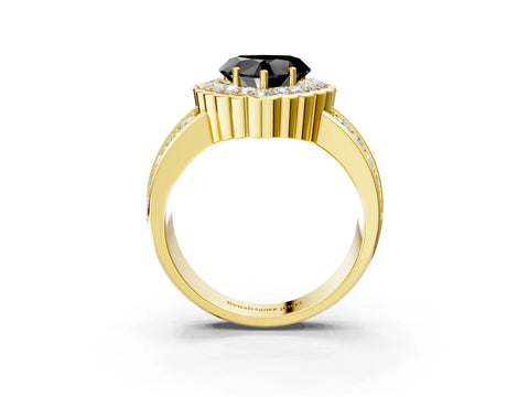 Yellow gold Fancy Black Heart Cut Halo Diamond Split Shank Ring with Scalloped Prong Setting_3