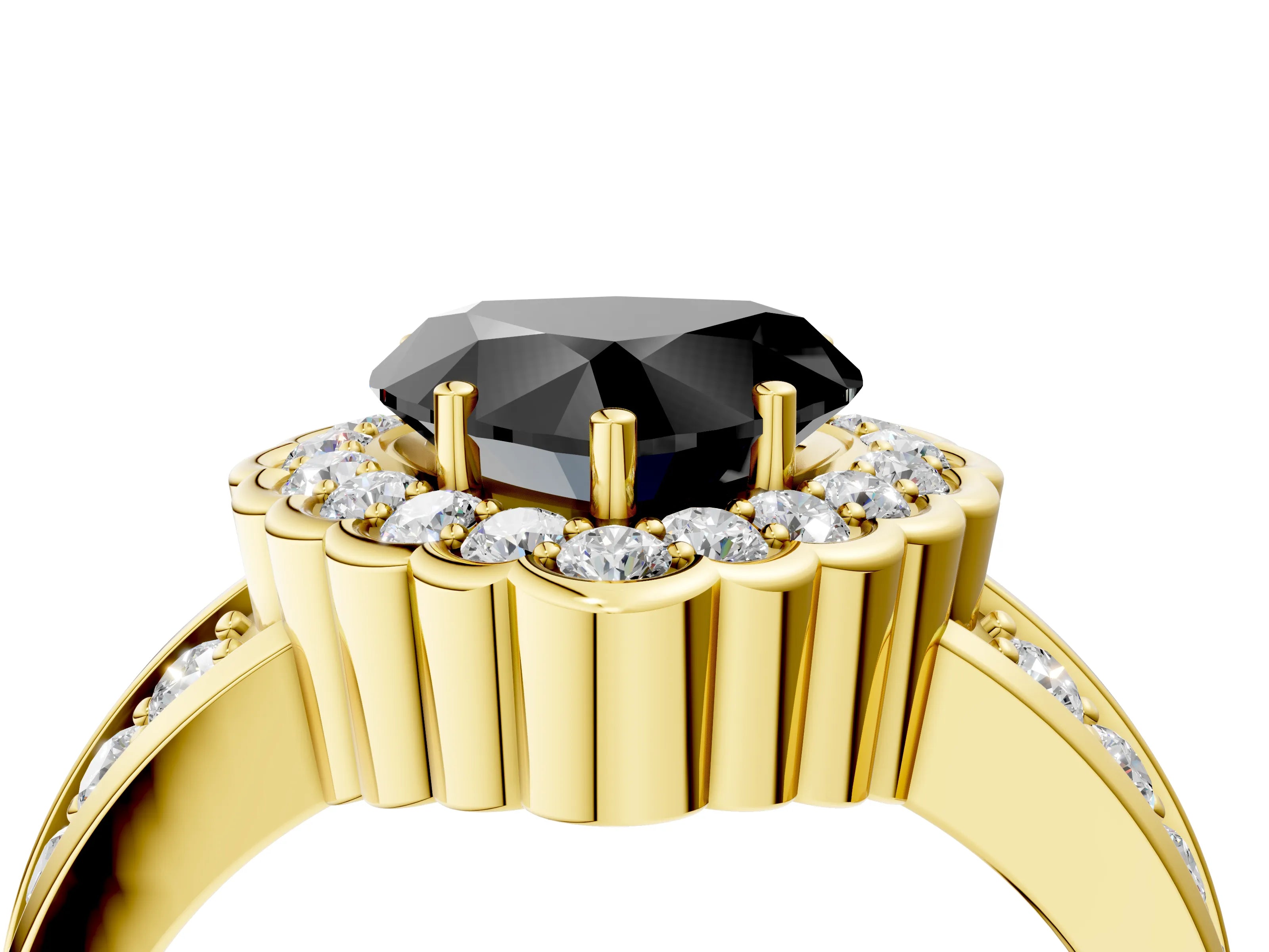 Yellow gold Fancy Black Heart Cut Halo Diamond Split Shank Ring with Scalloped Prong Setting_4