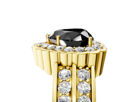 Yellow gold Fancy Black Heart Cut Halo Diamond Split Shank Ring with Scalloped Prong Setting_5