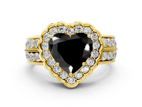 Yellow gold Fancy Black Heart Cut Halo Diamond Split Shank Ring with Scalloped Prong Setting