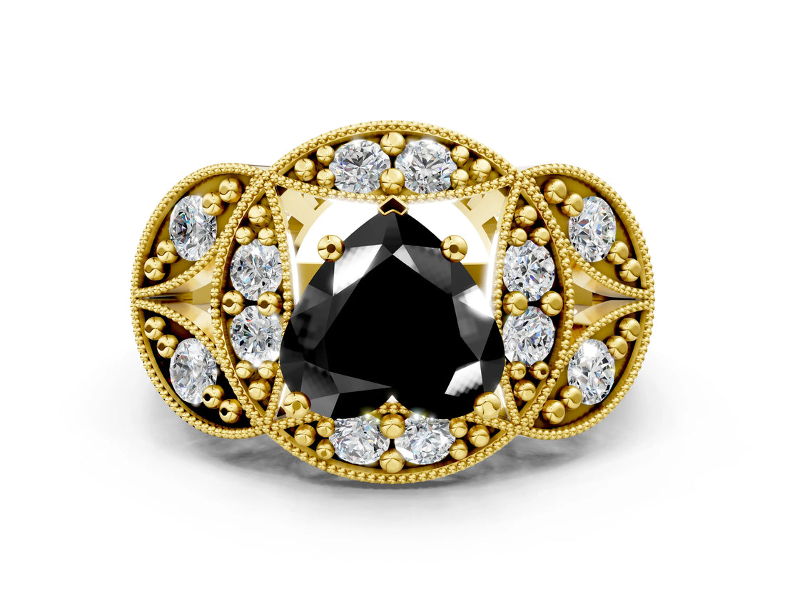 Yellow gold Fancy Black Heart Cut Halo Milgrain Diamond Engagement Ring with Leaf Band and Four-Prong Setting