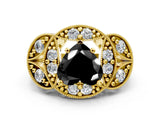 Yellow gold Fancy Black Heart Cut Halo Milgrain Diamond Engagement Ring with Leaf Band and Four-Prong Setting