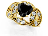 Yellow gold Fancy Black Heart Cut Halo Milgrain Diamond Engagement Ring with Leaf Band and Four-Prong Setting_1