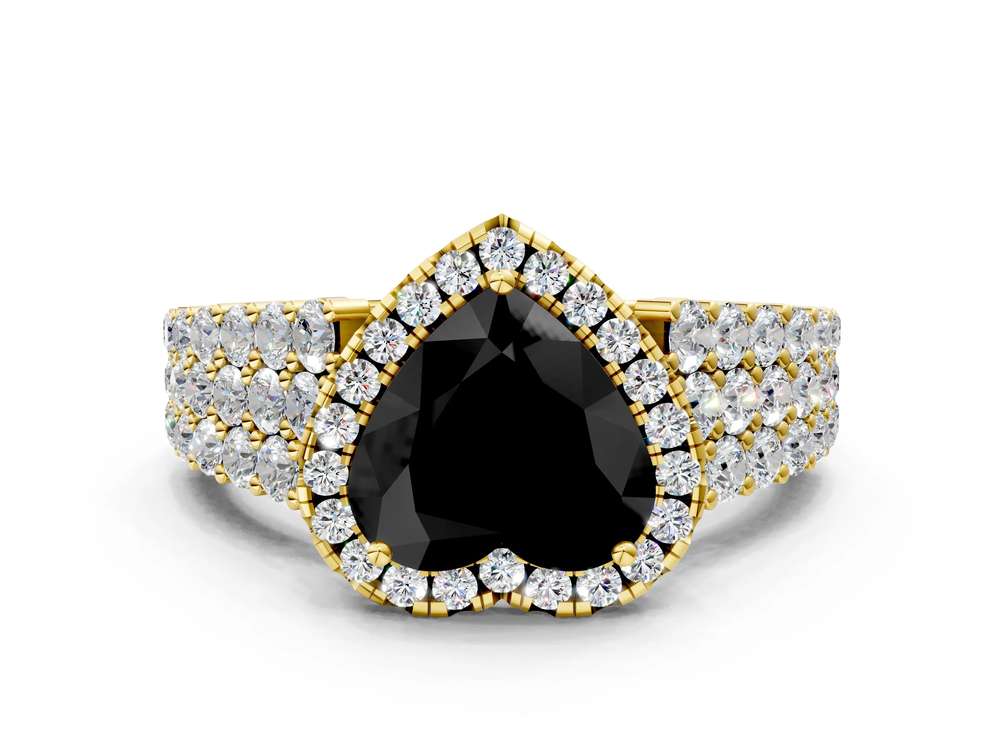 Yellow gold Fancy Black Heart Cut Halo Pavé Diamond Engagement Ring with Split Shank and Four-Prong Setting_3