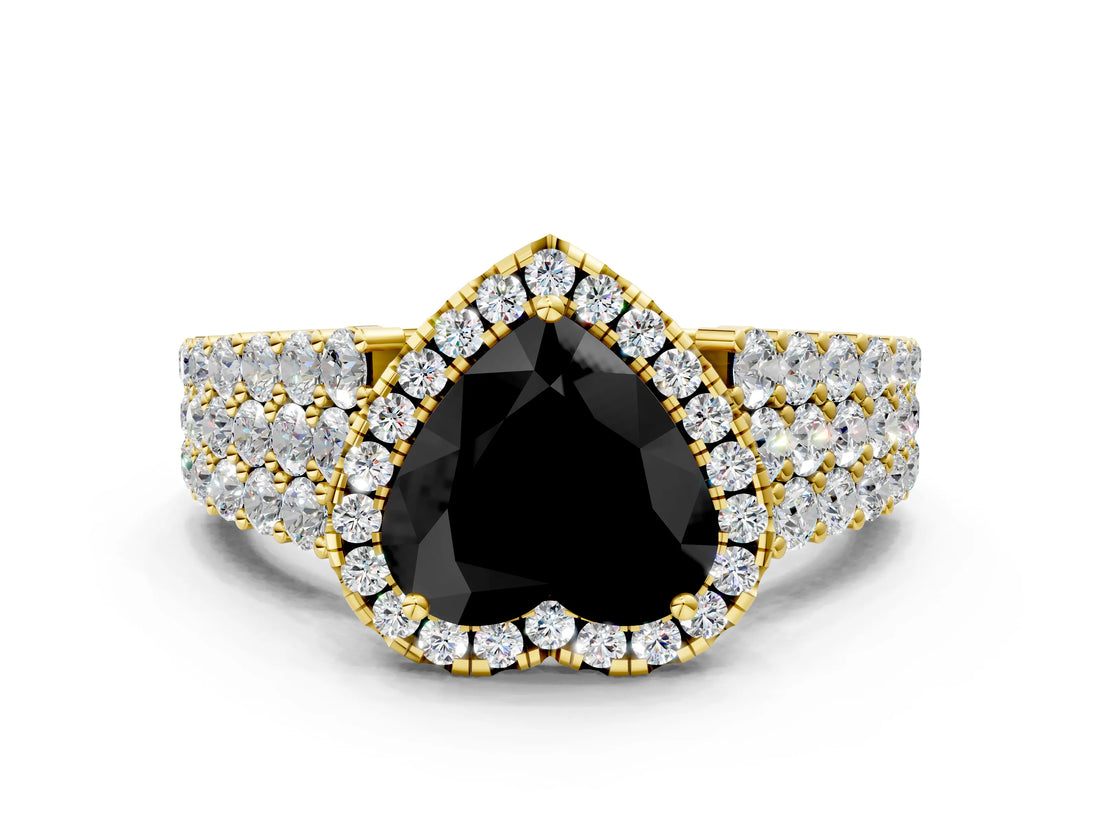 Yellow gold Fancy Black Heart Cut Halo Pavé Diamond Engagement Ring with Split Shank and Four-Prong Setting_3