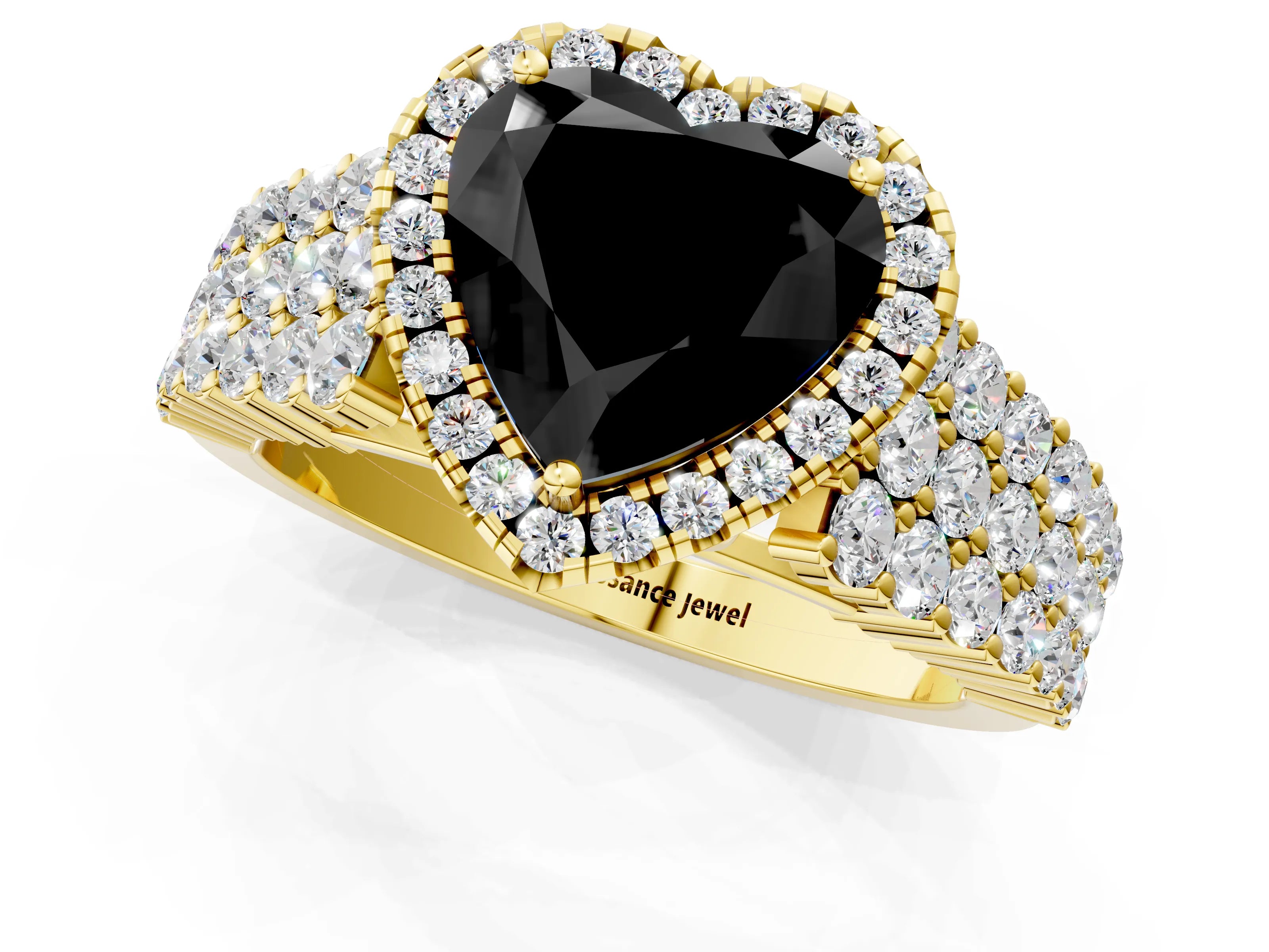 Yellow gold Fancy Black Heart Cut Halo Pavé Diamond Engagement Ring with Split Shank and Four-Prong Setting_4