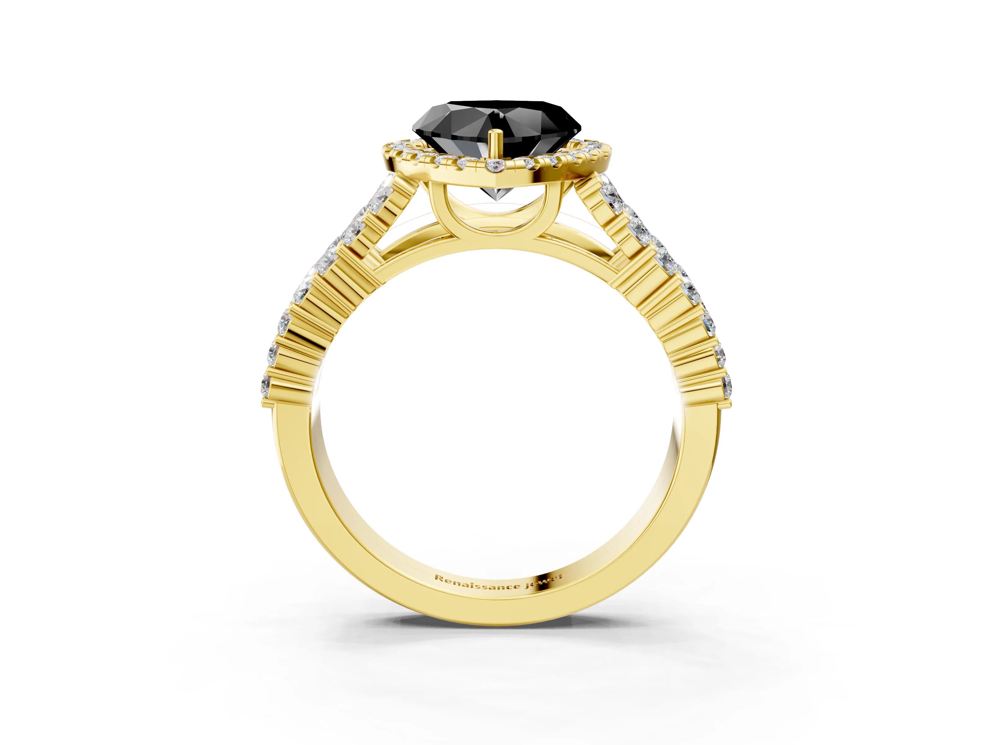 Yellow gold Fancy Black Heart Cut Halo Pavé Diamond Engagement Ring with Split Shank and Four-Prong Setting_6